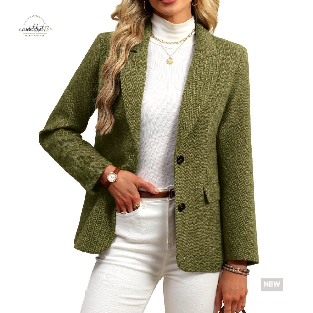 Oversized Wool Blend Blazer Herringbone Tweed Business Casual Classic Chic
